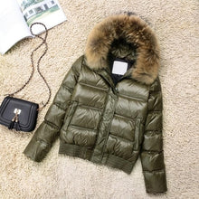 Load image into Gallery viewer, FTLZZ Winter Real Raccoon Fur Down Jacket Women Hooded Slim White Duck Down Short Parkas Coat Female Black Khaki Snow Outwear