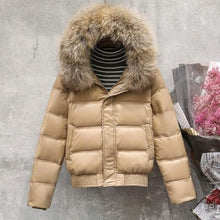 Load image into Gallery viewer, FTLZZ Winter Real Raccoon Fur Down Jacket Women Hooded Slim White Duck Down Short Parkas Coat Female Black Khaki Snow Outwear