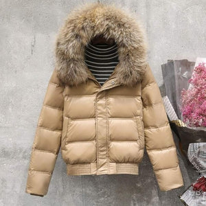 FTLZZ Winter Real Raccoon Fur Down Jacket Women Hooded Slim White Duck Down Short Parkas Coat Female Black Khaki Snow Outwear