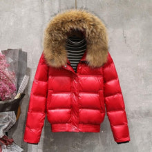 Load image into Gallery viewer, FTLZZ Winter Real Raccoon Fur Down Jacket Women Hooded Slim White Duck Down Short Parkas Coat Female Black Khaki Snow Outwear