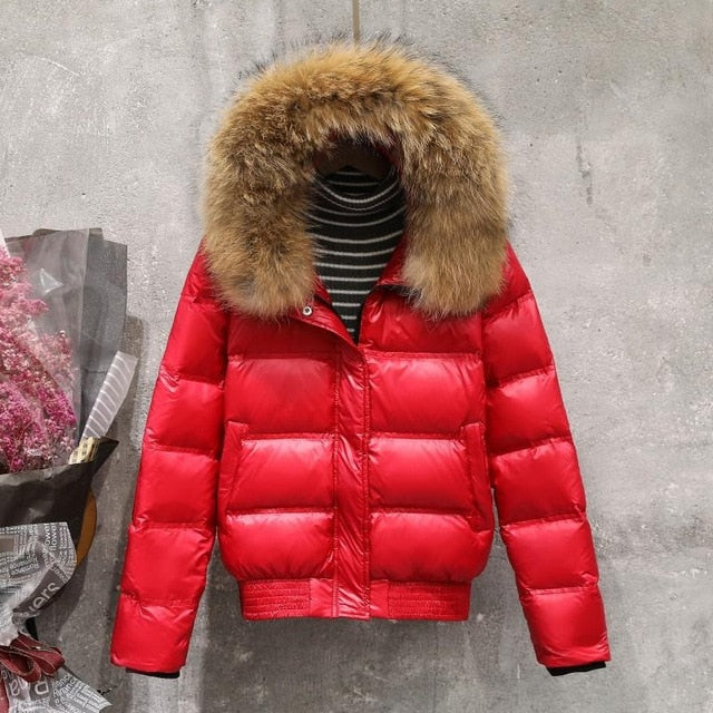 FTLZZ Winter Real Raccoon Fur Down Jacket Women Hooded Slim White Duck Down Short Parkas Coat Female Black Khaki Snow Outwear