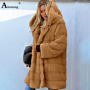 Plus Size 4XL 5XL Europe and America Medium Long Section Solid Pink Loose Plush Hooded Coat Faux Fur Winter Women Warm Jacket