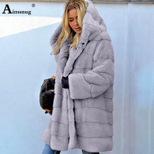 Load image into Gallery viewer, Plus Size 4XL 5XL Europe and America Medium Long Section Solid Pink Loose Plush Hooded Coat Faux Fur Winter Women Warm Jacket