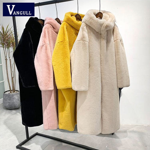 Vangull Winter Women High Quality Faux Rabbit Fur Coat Luxury Long Fur Coat Loose Hooded OverCoat Thick Warm Female Plush Coats