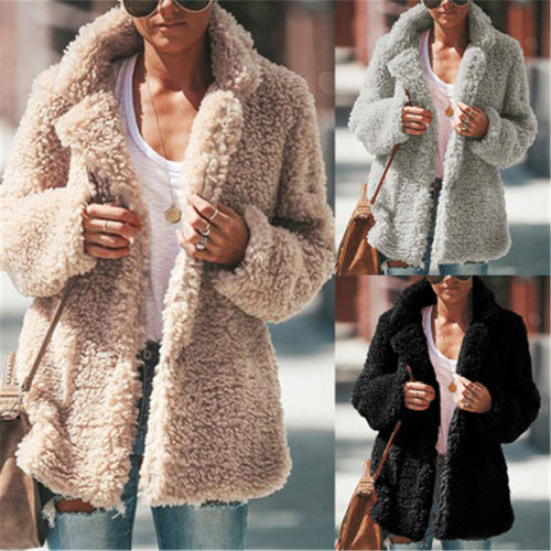 Turn Down Collar Faux Fur Teddy Bear Coat Jacket Women Open Stitch Coat Female Long Sleeve Fuzzy Coat Outwear Black Grey Pockets