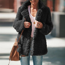 Load image into Gallery viewer, Turn Down Collar Faux Fur Teddy Bear Coat Jacket Women Open Stitch Coat Female Long Sleeve Fuzzy Coat Outwear Black Grey Pockets