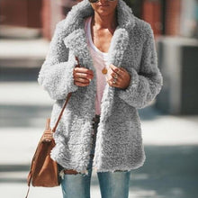Load image into Gallery viewer, Turn Down Collar Faux Fur Teddy Bear Coat Jacket Women Open Stitch Coat Female Long Sleeve Fuzzy Coat Outwear Black Grey Pockets