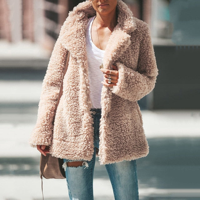 Turn Down Collar Faux Fur Teddy Bear Coat Jacket Women Open Stitch Coat Female Long Sleeve Fuzzy Coat Outwear Black Grey Pockets