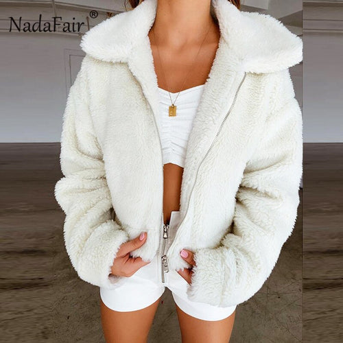 Nadafair Teddy Coat Women Winter Faux Fur Coat Thick Plus Size Fluffy Pockets Plush Jacket Ladies Autumn Overcoat Outerwear