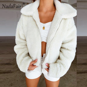 Nadafair Teddy Coat Women Winter Faux Fur Coat Thick Plus Size Fluffy Pockets Plush Jacket Ladies Autumn Overcoat Outerwear