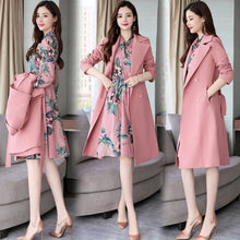 Load image into Gallery viewer, Spring Autumn Trench Coat Slim OL Ladies Trench Coat And Dress Long Women Windbreakers Plus Size Two Pieces Women Sets Outwears