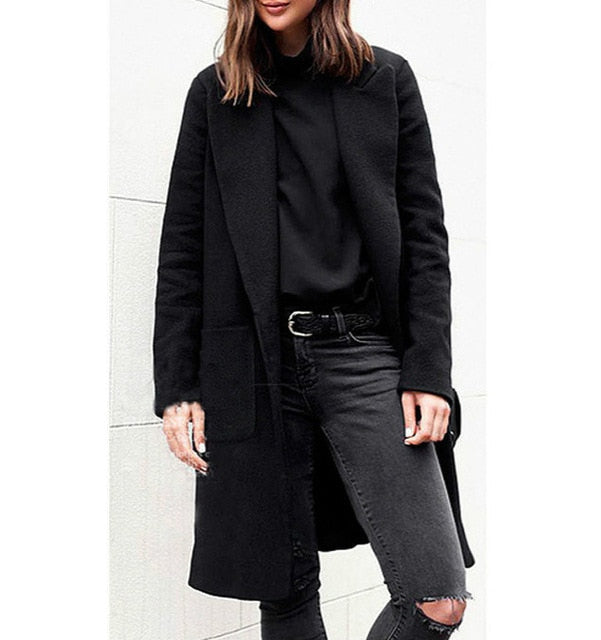 2019 Winter Black Coat For Women Wide Lapel Pocket  Woollen Cloth & Polyester Wool Blend Coat Oversize Long Trench Coats Outwear