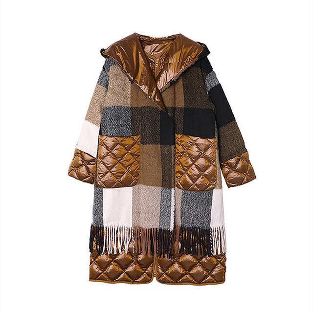 Original Design Winter Women Casual Loose Personality Fake Two Pieces Plaid Wool Patchwork Tassel Hooded White Duck Down Jacket