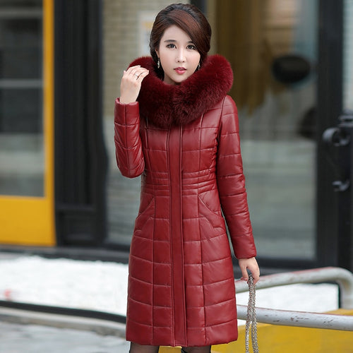 Plus Size Women Long Leather Overcoat Winter 2019 Mother Sheepskin Coat Thicken Warm Fur Hooded Jacket Outerwear Female