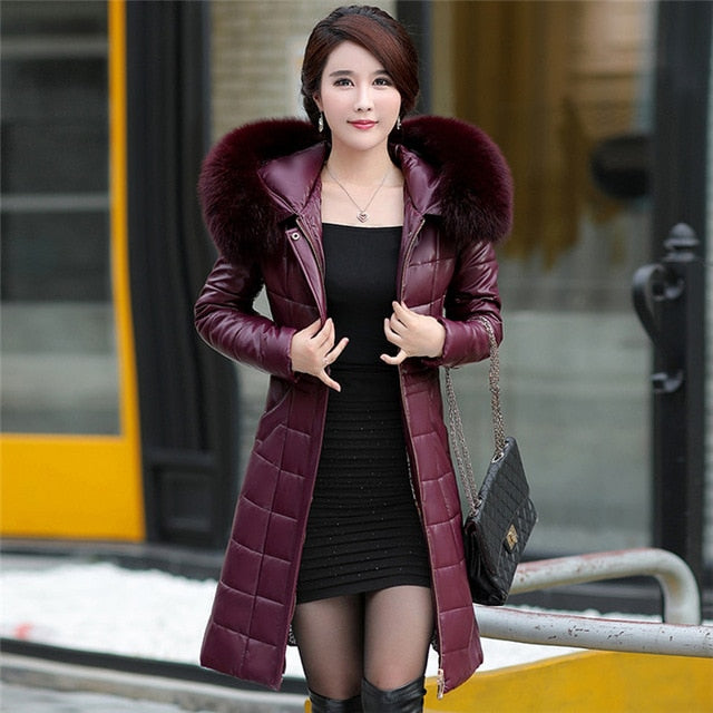 Plus Size Women Long Leather Overcoat Winter 2019 Mother Sheepskin Coat Thicken Warm Fur Hooded Jacket Outerwear Female
