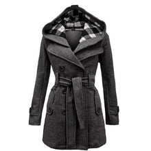 Load image into Gallery viewer, Winter Women Jacket New Casual Solid Color Hooded Coat Belt Double-breasted Dense Mid-long Thick Coat Long Jacket Women S-3XL