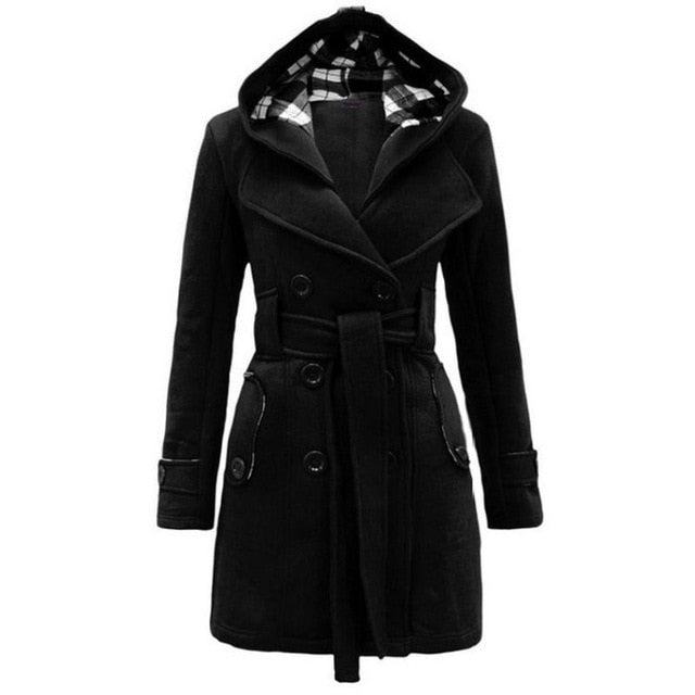 Winter Women Jacket New Casual Solid Color Hooded Coat Belt Double-breasted Dense Mid-long Thick Coat Long Jacket Women S-3XL