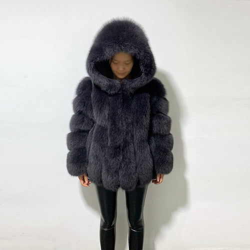 rf1991 Winter Fashion Fox Fur Coat with Big Hood Super Warm Genuine Leather Woman's Real Fur Jacket for Russian Market