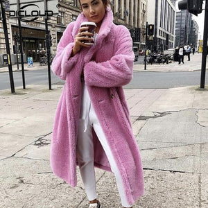 2019 Faux Lambswool Fur Coats Long Teddy Bear Jacket Coat Pink Women Winter Warm Oversized Outerwear Women Thick Overcoat