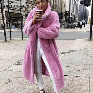 2019 Faux Lambswool Fur Coats Long Teddy Bear Jacket Coat Pink Women Winter Warm Oversized Outerwear Women Thick Overcoat