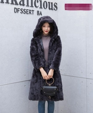 Natural Rex Rabbit Fur  Winter Woman Coats Long 2019 Fashion Genuine Fur Coats Women Real Rex Rabbit Fur Coat Warm