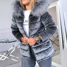 Load image into Gallery viewer, Women Cotton Padded Jackets Gray Pink Plus Size 4XL Hood Fur Collar Thick Fashion Basic Snow Outerwear Winter Velvet Jacket Coat