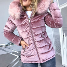 Load image into Gallery viewer, Women Cotton Padded Jackets Gray Pink Plus Size 4XL Hood Fur Collar Thick Fashion Basic Snow Outerwear Winter Velvet Jacket Coat
