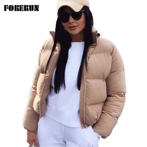 FORERUN Fashion Bubble Coat Solid Standard Collar Oversized Short Jacket Winter Autumn Female Puffer Jacket Parkas Mujer 2019