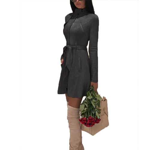 Women Fashion Coat Jacket Medium Long Suede Casual Slim Zipper Zipper, Pockets, Belt A-line Solid Windbreaker