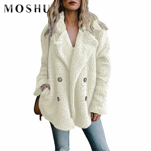 Teddy Coat Woman Lapel Faux Fur Coats Long Sleeve Fluffy Fake Fur Jackets Winter Thick Warm Female Pockets Plus Size Overcoat