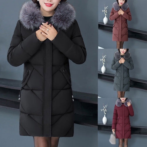 Middle-Aged Hooded Fur Collar Down Coats Cotton Winter Jacket Women Large Size Thicken Long Parka Women Abrigo Mujer Outerwear