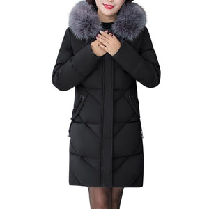 Middle-Aged Hooded Fur Collar Down Coats Cotton Winter Jacket Women Large Size Thicken Long Parka Women Abrigo Mujer Outerwear