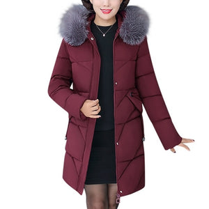 Middle-Aged Hooded Fur Collar Down Coats Cotton Winter Jacket Women Large Size Thicken Long Parka Women Abrigo Mujer Outerwear