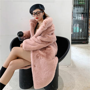 Women Winter Fashion Faux Fur Long Coat Solid Loose Turn Down Collar Thick Warm Coats Soft Casual Long Sleeve Pocket Overcoat