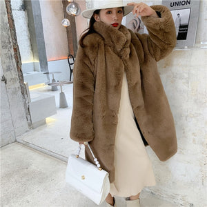 Women Winter Fashion Faux Fur Long Coat Solid Loose Turn Down Collar Thick Warm Coats Soft Casual Long Sleeve Pocket Overcoat
