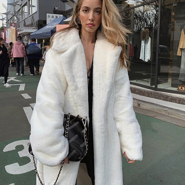 Winter Women Faux Marten Hair Fur Coat White Luxury Long Fur Coat Loose Lapel Elegant OverCoat Thick Warm Plus Size Female Plush