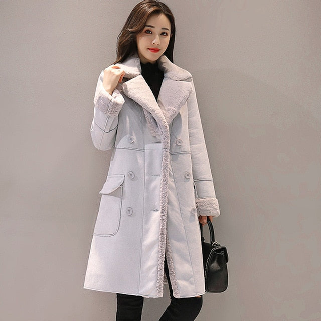 Women Suede Fur Winter Coat New Fashion Thick Faux Sheepskin Long Jacket Overcoat Female Solid Warm Trench Coat