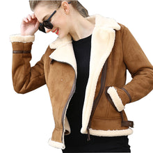 Load image into Gallery viewer, 2019 Autumn Winter Womens Coffee Lambs Wool Short Biker Faux Leather Suede Jackets Brown Shearling Sheepskin Coats Women