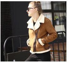 Load image into Gallery viewer, 2019 Autumn Winter Womens Coffee Lambs Wool Short Biker Faux Leather Suede Jackets Brown Shearling Sheepskin Coats Women