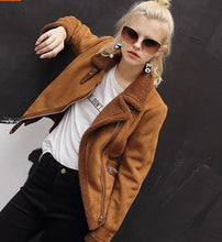 Load image into Gallery viewer, 2019 Autumn Winter Womens Coffee Lambs Wool Short Biker Faux Leather Suede Jackets Brown Shearling Sheepskin Coats Women