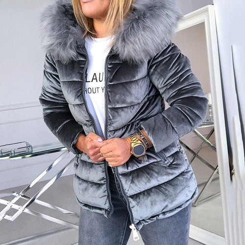 Women Cotton Padded Jackets Gray Pink Plus Size 4XL Hood Fur Collar Thick Fashion Basic Snow Outerwear Winter Velvet Jacket Coat