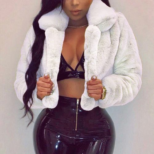 Puimentiua Winter Warm Fluffy Faux Fur Coats Jackets Women White Short Furry Fake Fur Cropped Jackets Turn Down Collar Overcoats