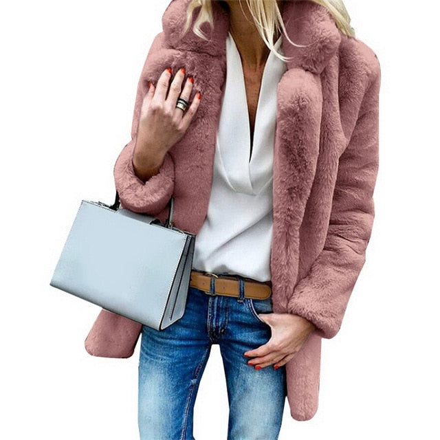 2019 Winter Casual Long Faux Fur Cardigan Coat Warm Solid Fluffy Long Sleeve Artificial Fur Jacket Lady Outwear Slim Coat