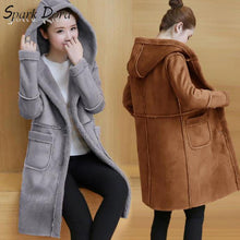 Load image into Gallery viewer, SparkDora 2019 Winter Women Faux Lambs Wool Sheepskin Hooded Coat Female Medium Long Shearling Coats Faux Suede Leather Jackets