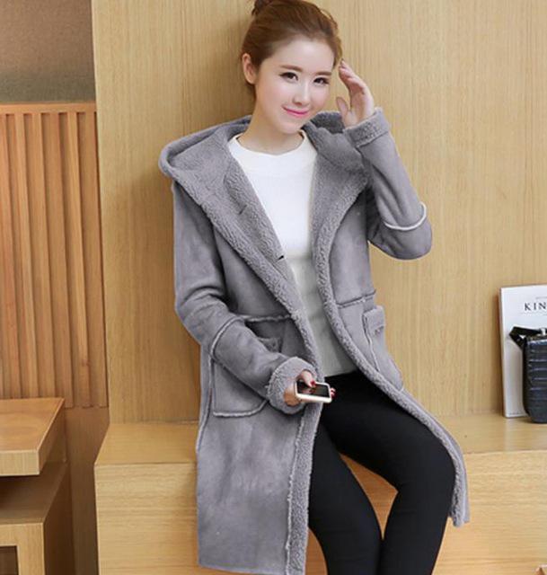 SparkDora 2019 Winter Women Faux Lambs Wool Sheepskin Hooded Coat Female Medium Long Shearling Coats Faux Suede Leather Jackets