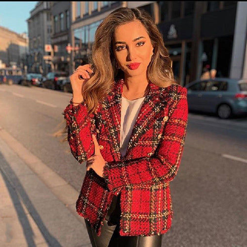 Vintage Za Fashion Women Double Breasted Tweed Jacket Stylish Turn-Down Collar Jackets Elegant Ladies Plaid Long Sleeve Coats