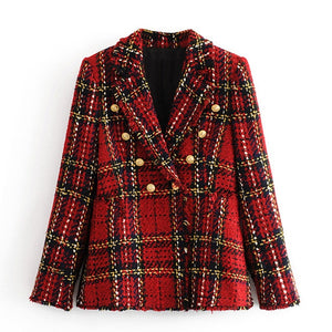 Vintage Za Fashion Women Double Breasted Tweed Jacket Stylish Turn-Down Collar Jackets Elegant Ladies Plaid Long Sleeve Coats