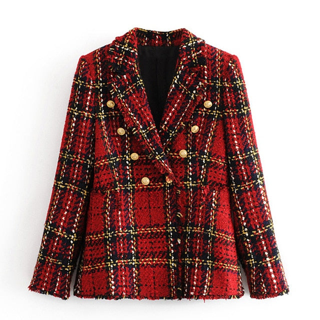 Vintage Za Fashion Women Double Breasted Tweed Jacket Stylish Turn-Down Collar Jackets Elegant Ladies Plaid Long Sleeve Coats