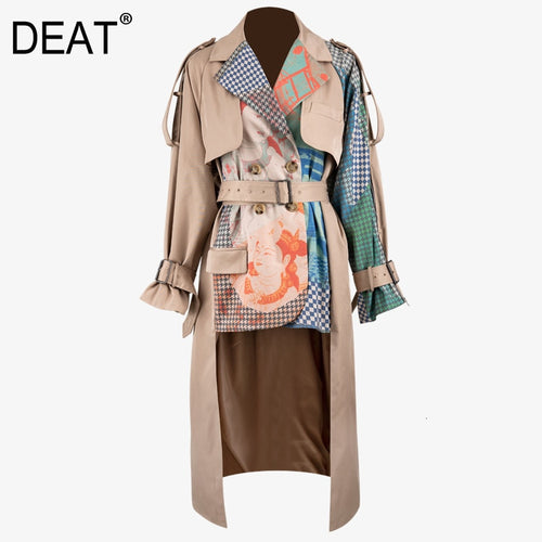 DEAT 2020 new spring turn-down collar full sleeves printed waist belts spliced big size windbreaker female jacket PB33604