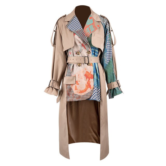 DEAT 2020 new spring turn-down collar full sleeves printed waist belts spliced big size windbreaker female jacket PB33604